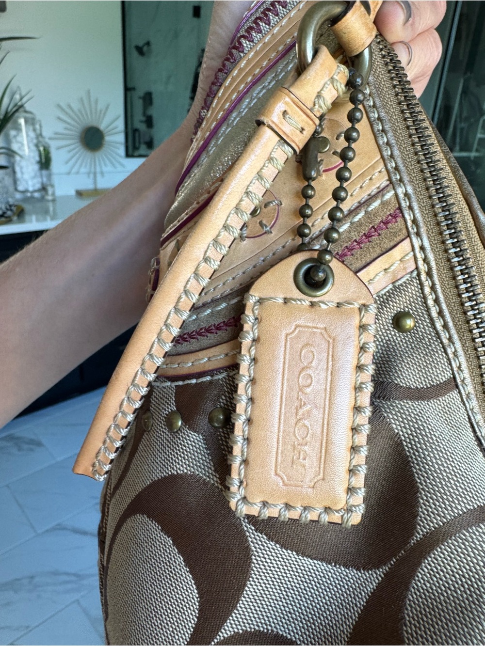 Coach Signature Canvas Shoulder Bag in Tan and Brown with Leather Trim - Picture 2 of 8